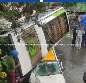 ललितपुरमा ट्याक्सीमाथि बस पल्टियो